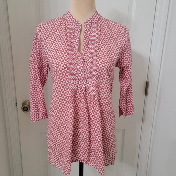 Roberta Roller Rabbit Size XS Brick Red & White Geometric Pattern Blouse - Picture 1 of 13